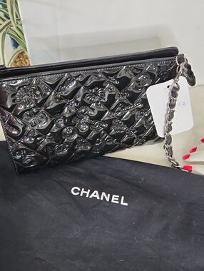 CHANEL Black Patent Quilted Floral Chain Wristlet